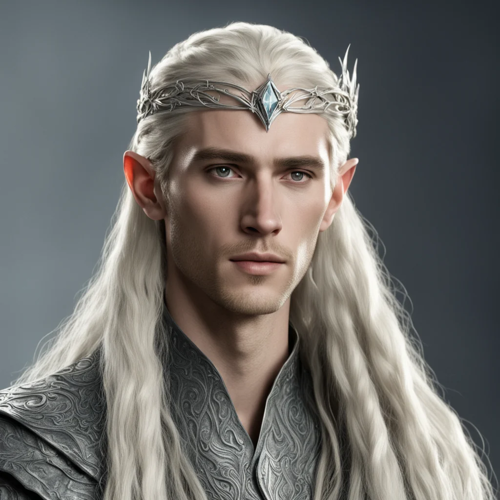 aiking thranduil with blond hair and braids wearing small thin silver serpentine elvish circlet with large center diamond