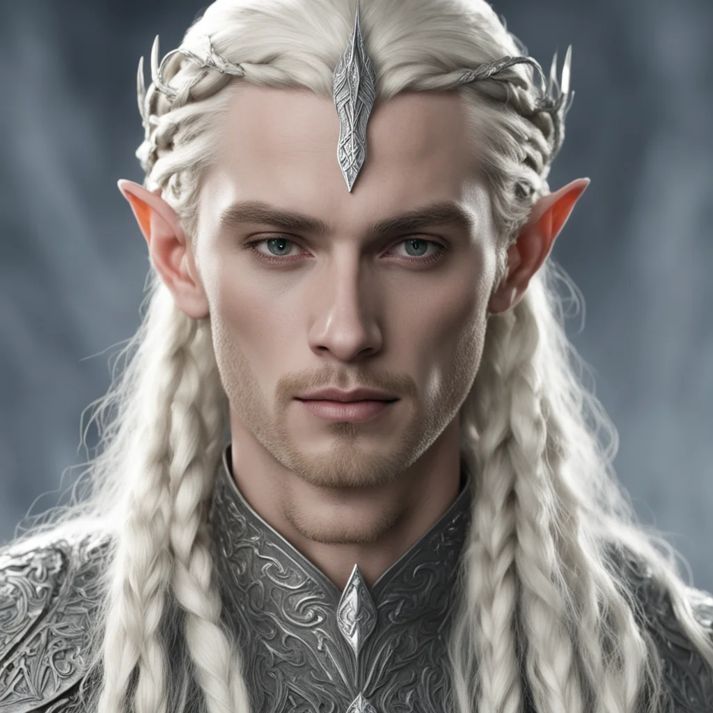 king thranduil with blond hair and braids wearing small thin silver serpentine nandorin elvish circlet with large center diamond  amazing awesome portrait 2
