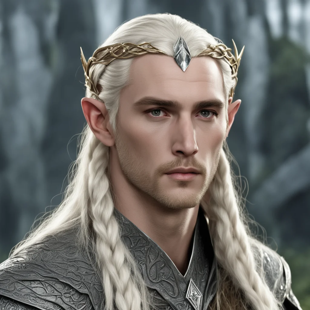 king thranduil with blond hair and braids wearing small thin silver serpentine nandorin elvish circlet with large center diamond  good looking trending fantastic 1