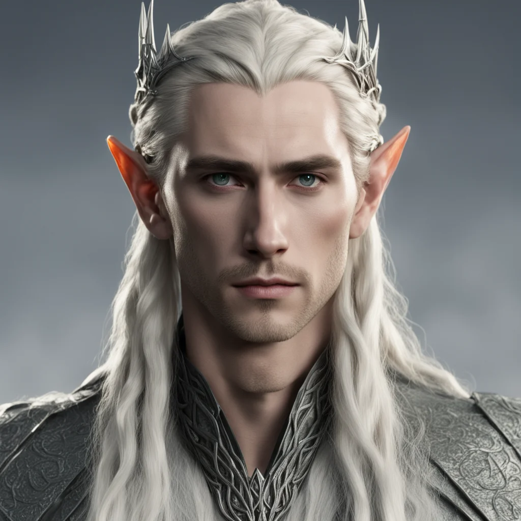 king thranduil with blond hair and braids wearing small thin silver serpentine nandorin elvish circlet with large center diamond 