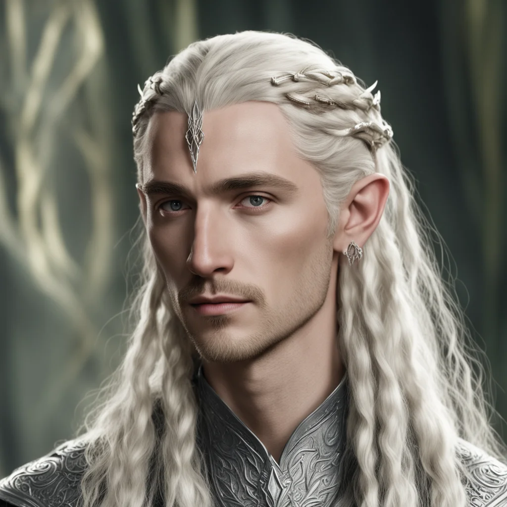 aiking thranduil with blond hair and braids wearing small thin silver sindarin elvish circlet with diamond in the center amazing awesome portrait 2