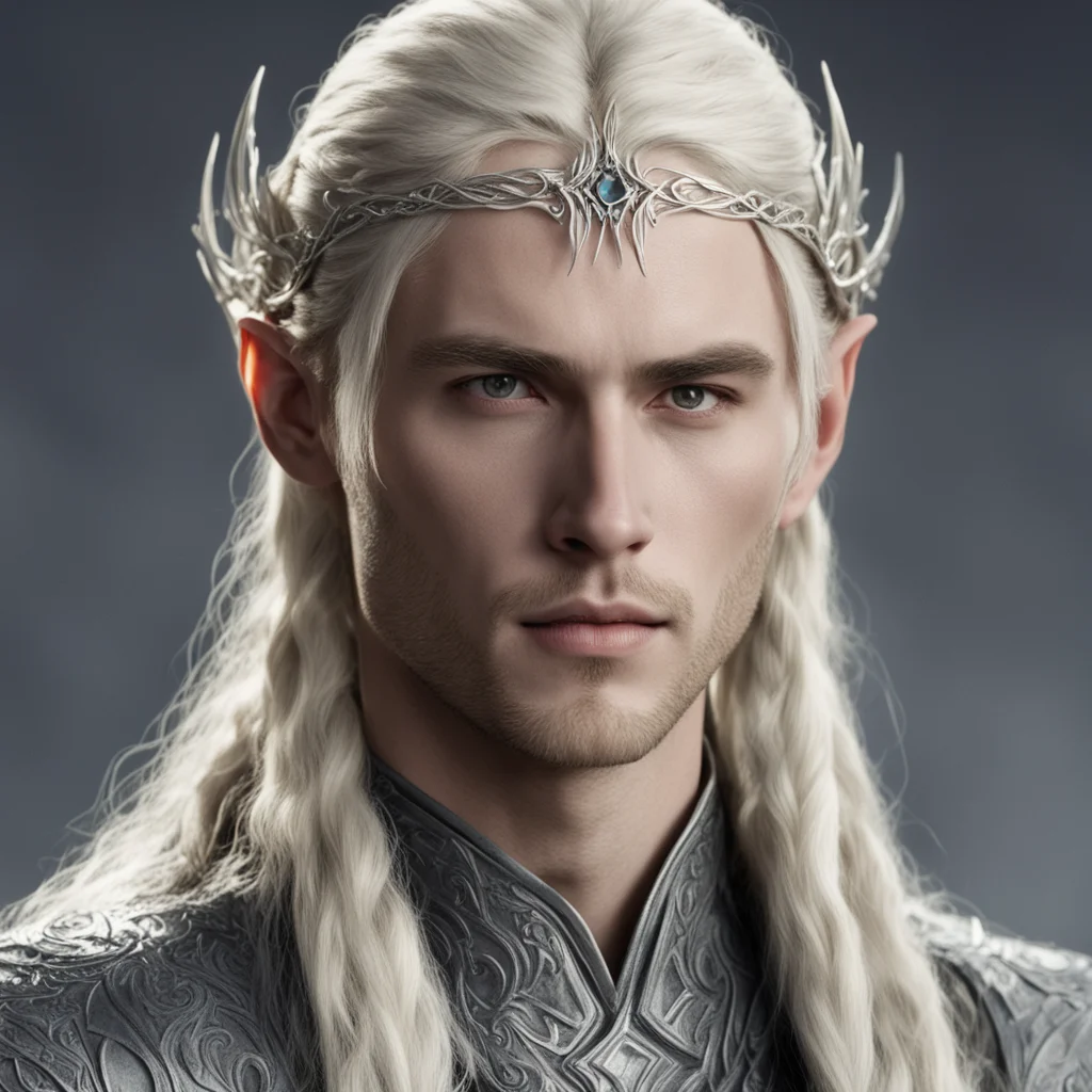 aiking thranduil with blond hair and braids wearing small thin silver sindarin elvish circlet with diamond in the center