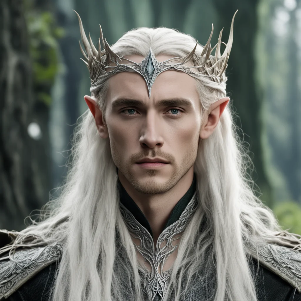 king thranduil with blond hair and braids wearing small thin silver twig serpentine elvish circlet with large center diamond amazing awesome portrait 2