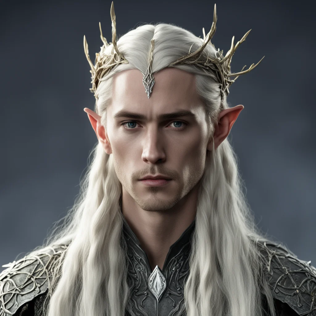 aiking thranduil with blond hair and braids wearing small thin silver twig serpentine elvish circlet with large center diamond confident engaging wow artstation art 3