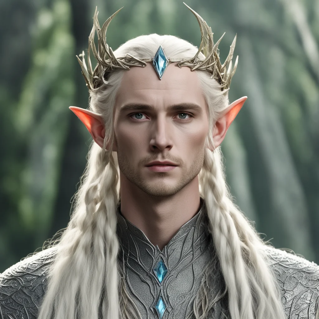 king thranduil with blond hair and braids wearing small thin silver twig serpentine elvish circlet with large center diamond