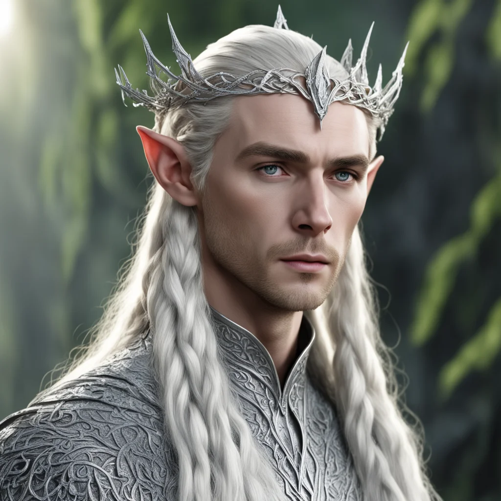 aiking thranduil with blond hair and braids wearing small thin silver vine encrusted with diamonds to form silver elvish circlet with large center diamond amazing awesome portrait 2