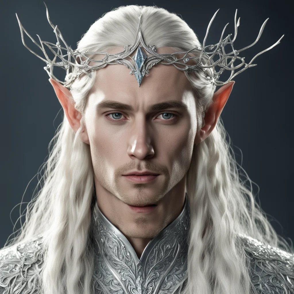 aiking thranduil with blond hair and braids wearing small thin silver vine encrusted with diamonds to form silver elvish circlet with large center diamond confident engaging wow artstation art 3