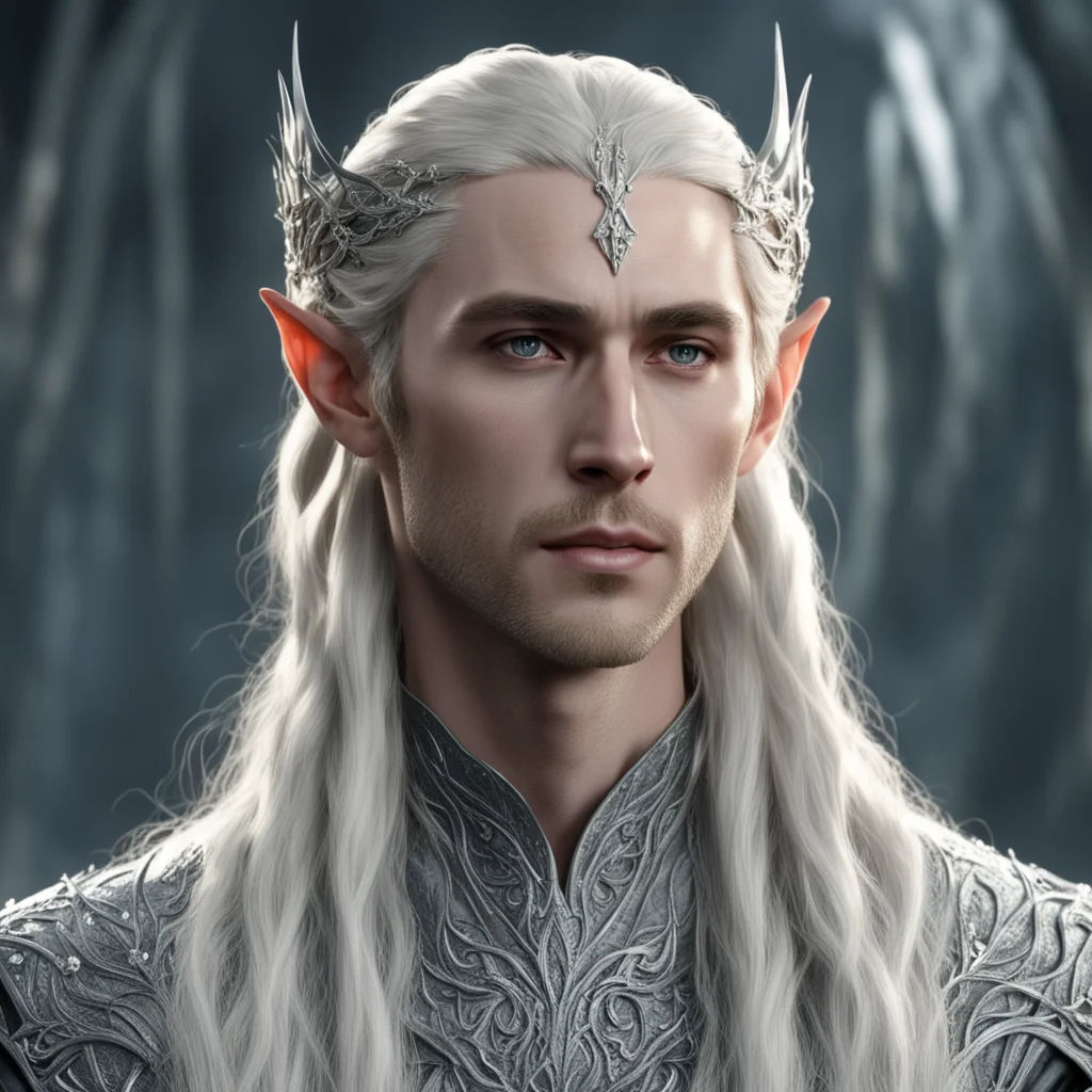 king thranduil with blond hair and braids wearing small thin silver vine encrusted with diamonds to form silver elvish circlet with large center diamond good looking trending fantastic 1