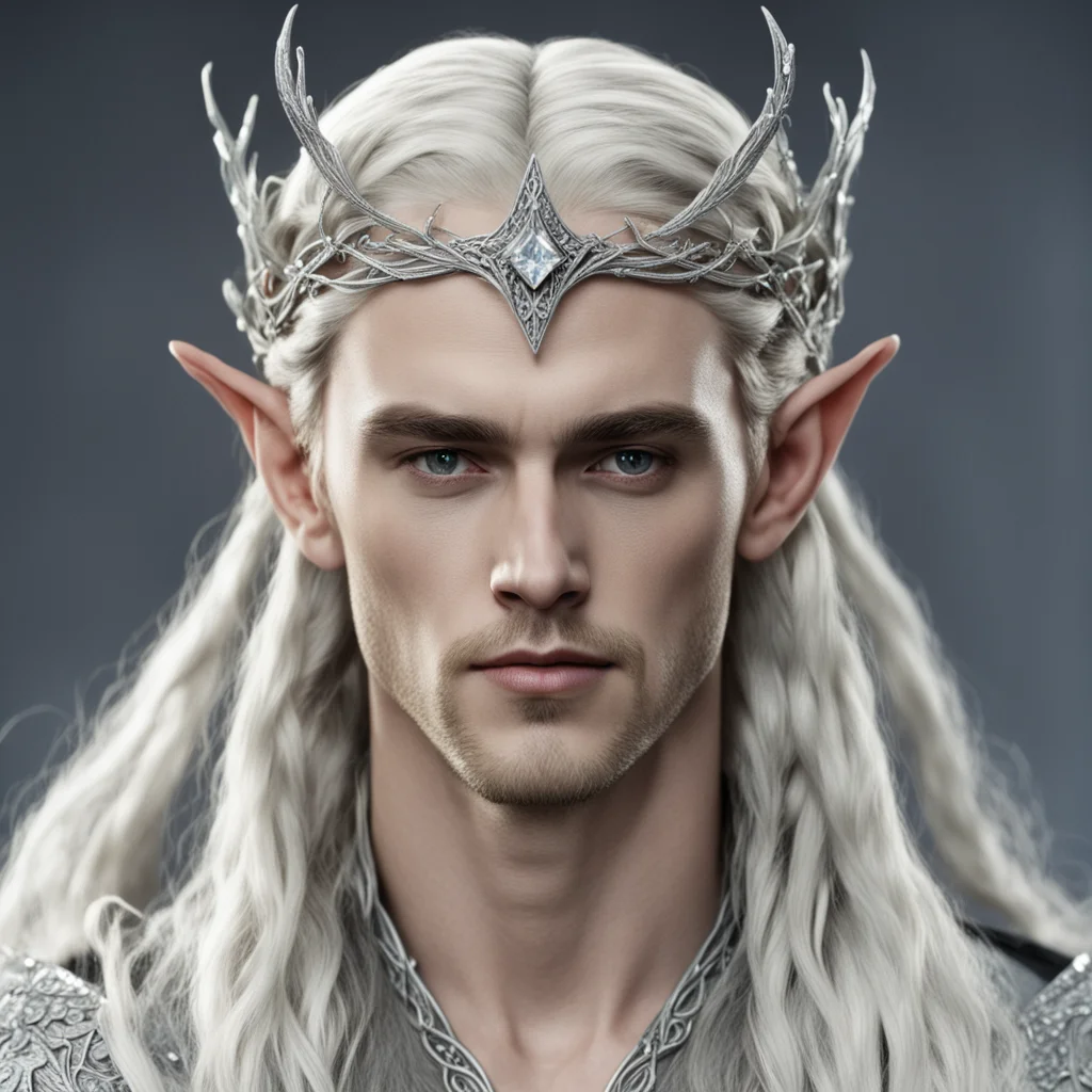 aiking thranduil with blond hair and braids wearing small thin silver vine encrusted with diamonds to form silver elvish circlet with large center diamond