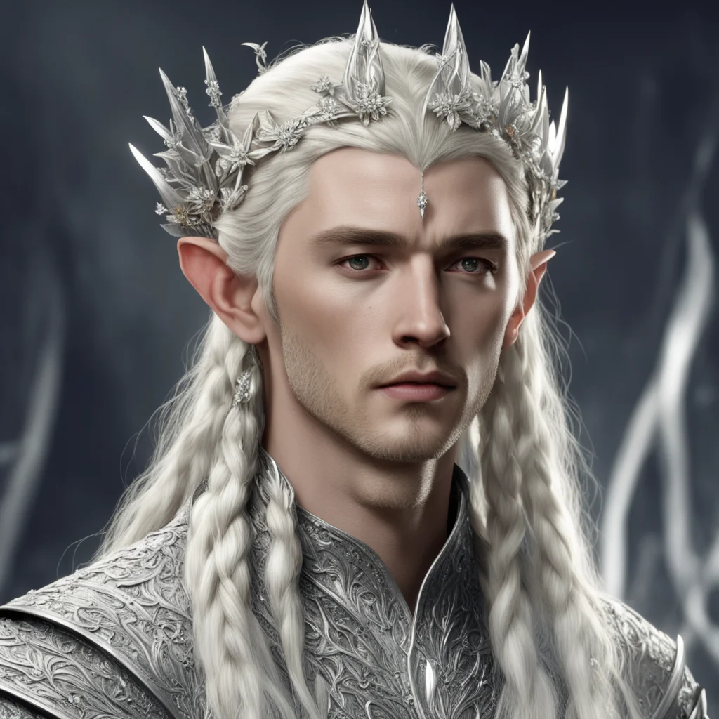 king thranduil with blond hair and braids wearing star shaped flowers of silver that are encrusted with diamonds coming together to form a silver elvish circlet with large diamond in the middle good