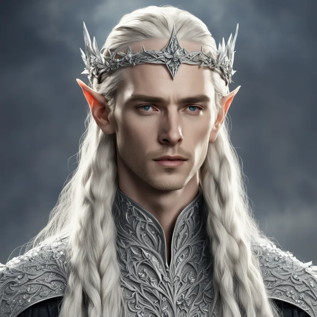 aiking thranduil with blond hair and braids wearing star shaped flowers of silver that are encrusted with diamonds coming together to form a silver elvish circlet with large diamond in the middle