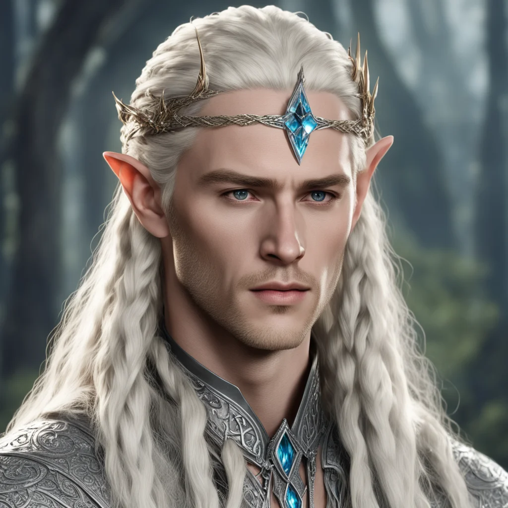 aiking thranduil with blond hair and braids wearing stings of diamonds on braids with small silver nandorin elvish circlet with large center diamond  good looking trending fantastic 1