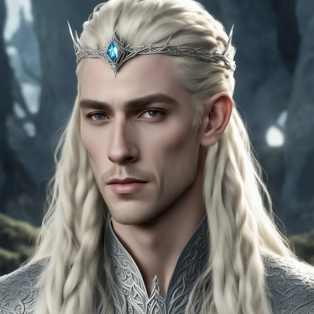 aiking thranduil with blond hair and braids wearing stings of diamonds on braids with small silver nandorin elvish circlet with large center diamond 