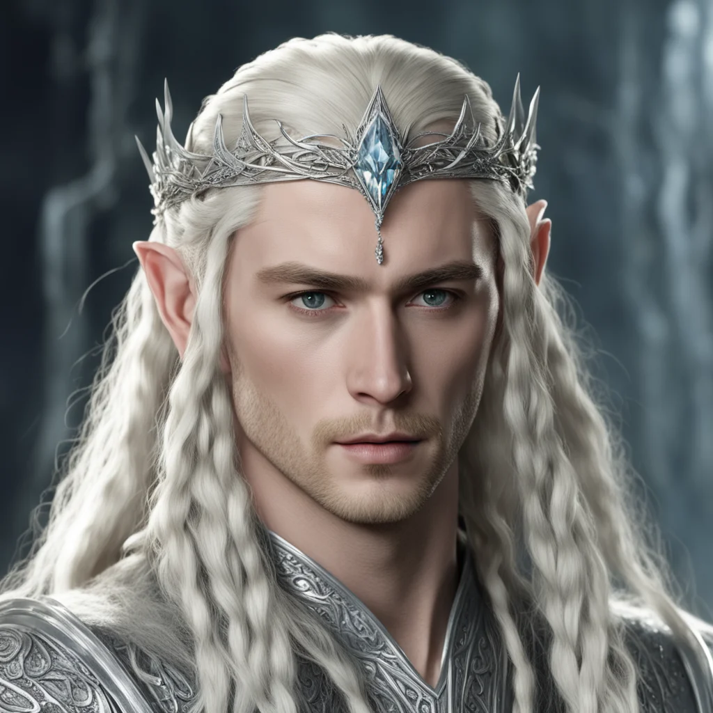 aiking thranduil with blond hair and braids wearing strings of silver and diamonds in the hair with silver elvish circlet with large center diamond cluster amazing awesome portrait 2