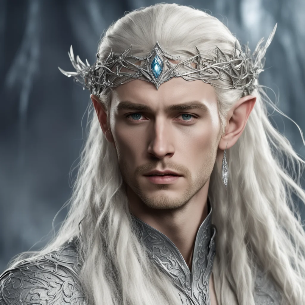 aiking thranduil with blond hair and braids wearing strings of silver and diamonds in the hair with silver elvish circlet with large center diamond cluster good looking trending fantastic 1