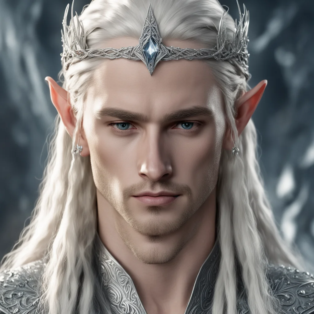 aiking thranduil with blond hair and braids wearing strings of silver and diamonds in the hair with silver elvish circlet with large center diamond cluster