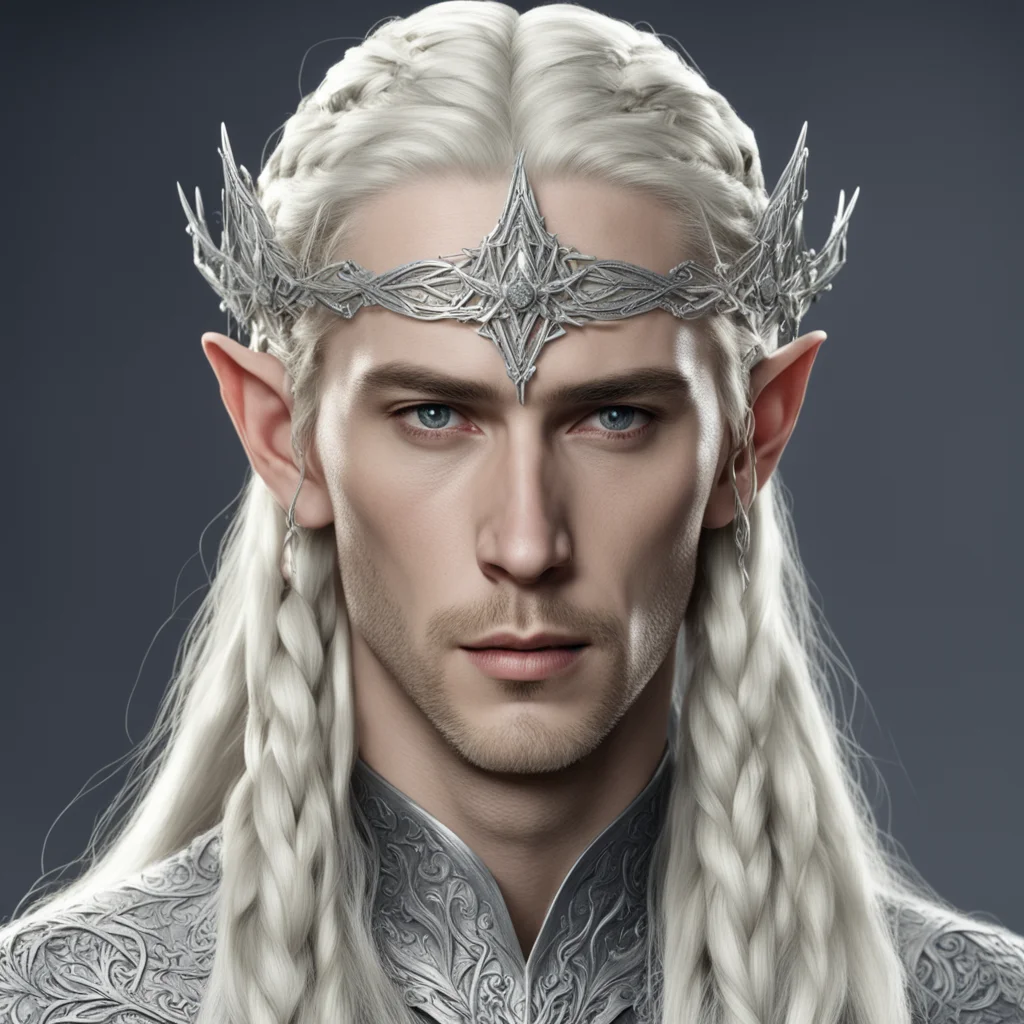 king thranduil with blond hair and braids wearing strings of silver with diamond rosettes to form a silver elvish circlet with large center diamond amazing awesome portrait 2