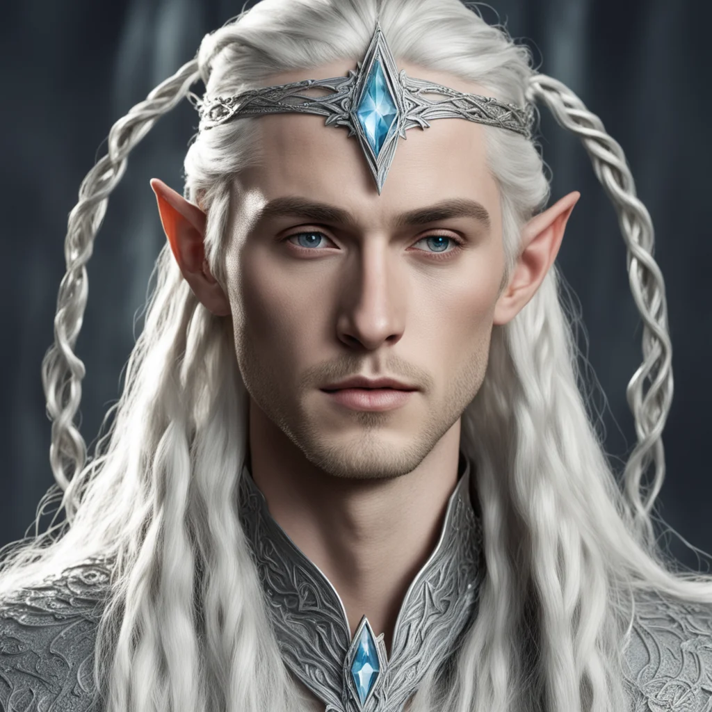 aiking thranduil with blond hair and braids wearing strings of silver with diamond rosettes to form a silver elvish circlet with large center diamond good looking trending fantastic 1