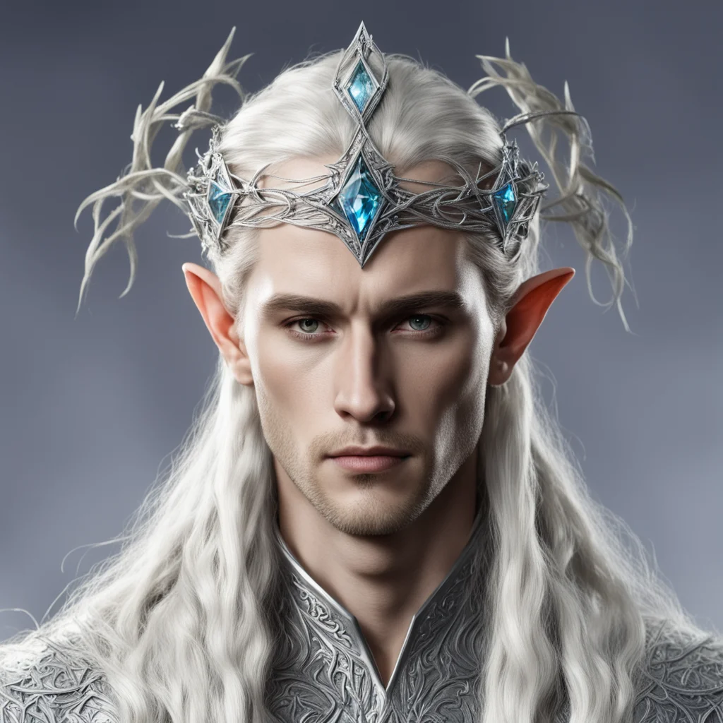 aiking thranduil with blond hair and braids wearing strings of silver with diamond rosettes to form a silver elvish circlet with large center diamond
