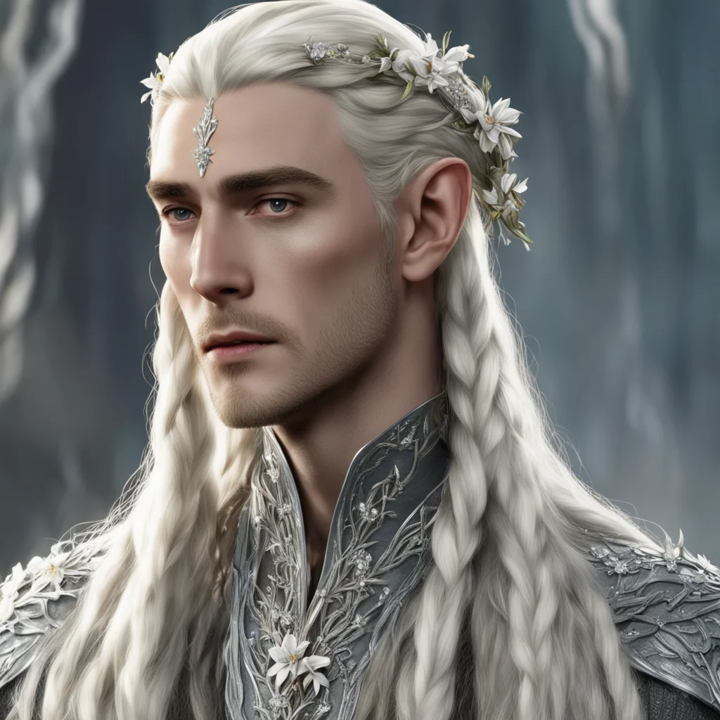 aiking thranduil with blond hair and braids wearing strings of silver with flowers of diamonds in the hair amazing awesome portrait 2