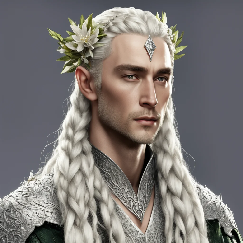 aiking thranduil with blond hair and braids wearing strings of silver with flowers of diamonds in the hair confident engaging wow artstation art 3