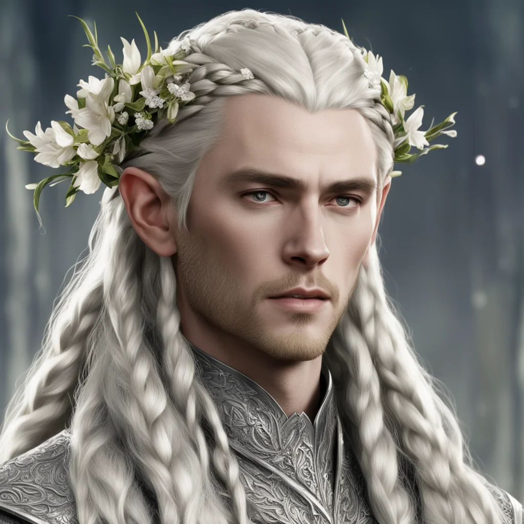 aiking thranduil with blond hair and braids wearing strings of silver with flowers of diamonds in the hair good looking trending fantastic 1