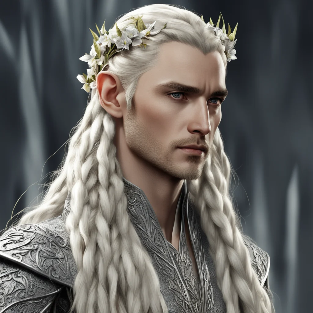 aiking thranduil with blond hair and braids wearing strings of silver with flowers of diamonds in the hair