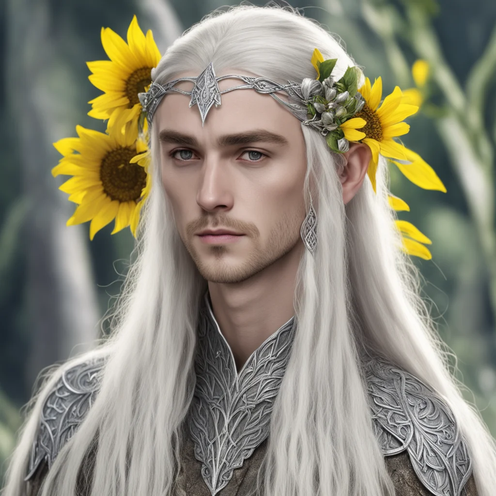 king thranduil with blond hair and braids wearing sunflowers made of silver with diamond in the center of the silver sunflowers connected together to form silver elvish circlet with large center dia