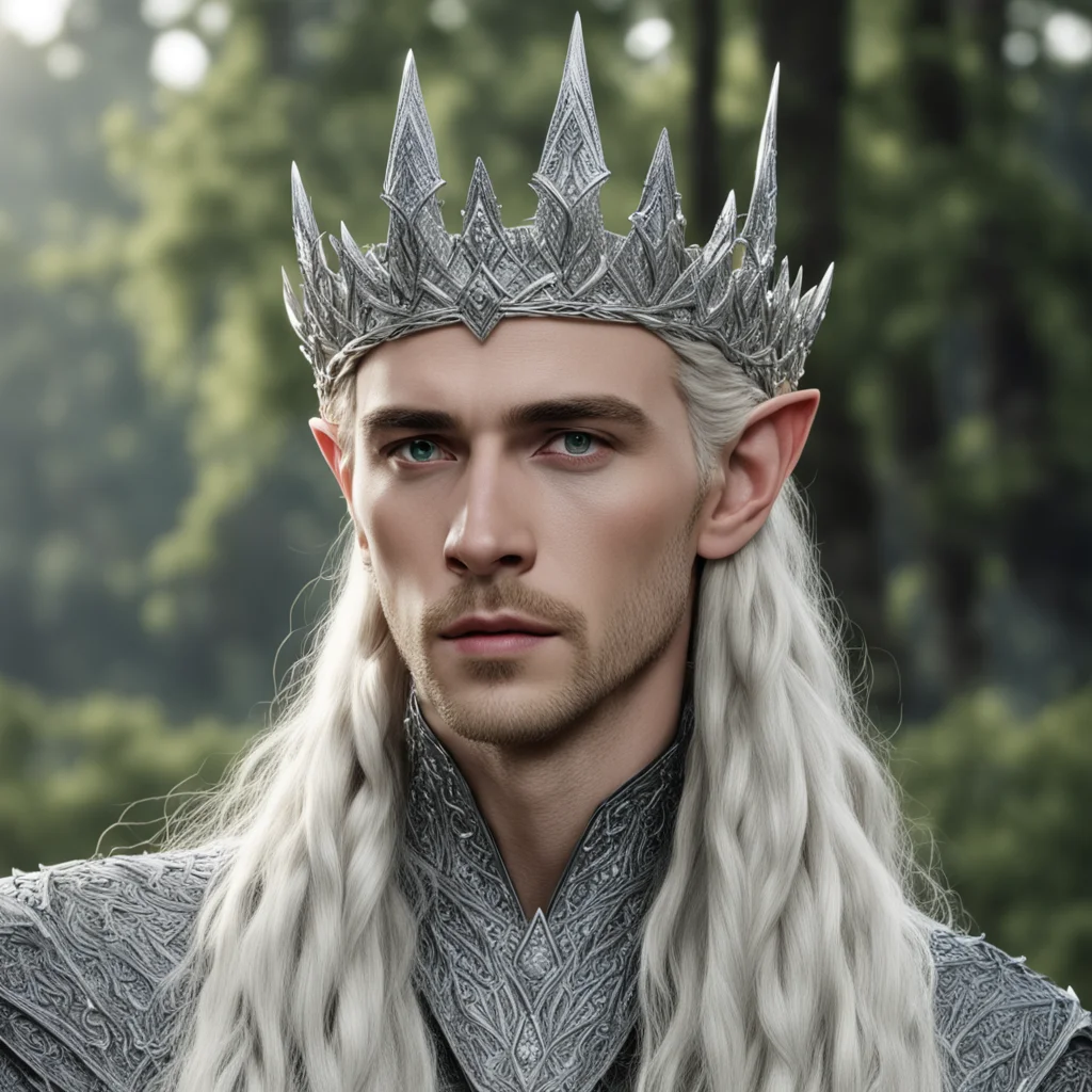 aiking thranduil with blond hair and braids wearing twisted silver elvish coronet studded with diamonds and large center diamond  confident engaging wow artstation art 3