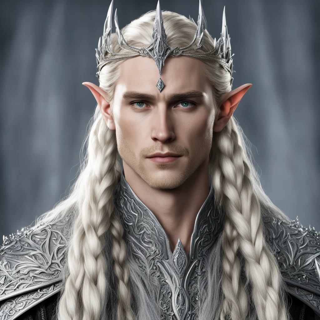 aiking thranduil with blond hair and braids wearing twisted silver elvish coronet studded with diamonds and large center diamond  good looking trending fantastic 1