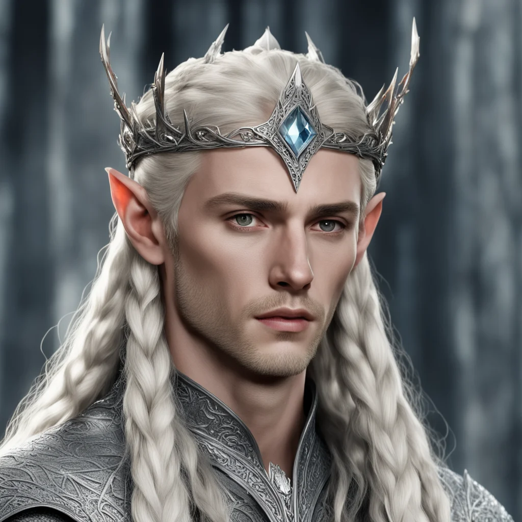 aiking thranduil with blond hair and braids wearing twisted silver elvish coronet studded with diamonds and large center diamond 