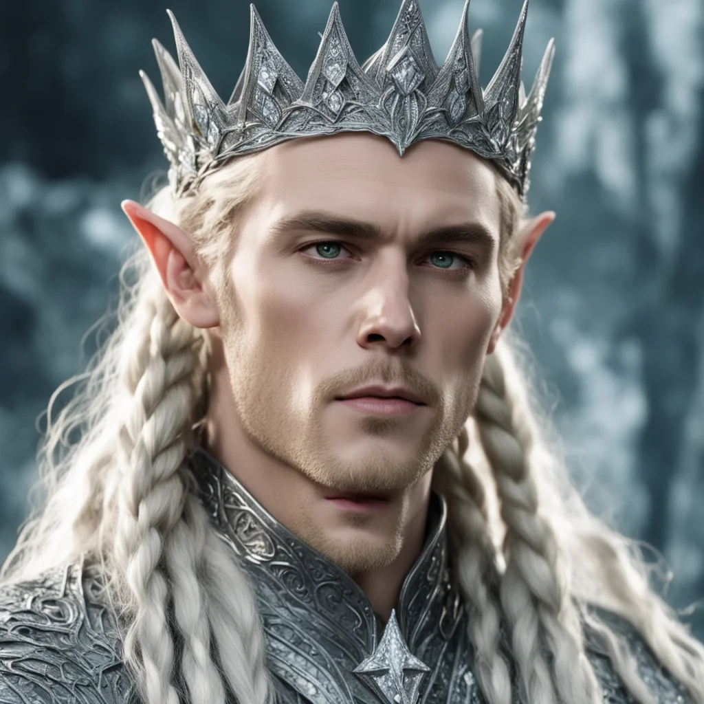 aiking thranduil with blond hair and braids wearing twisted silver serpentine elvish crown encrusted with diamonds and large center diamond amazing awesome portrait 2