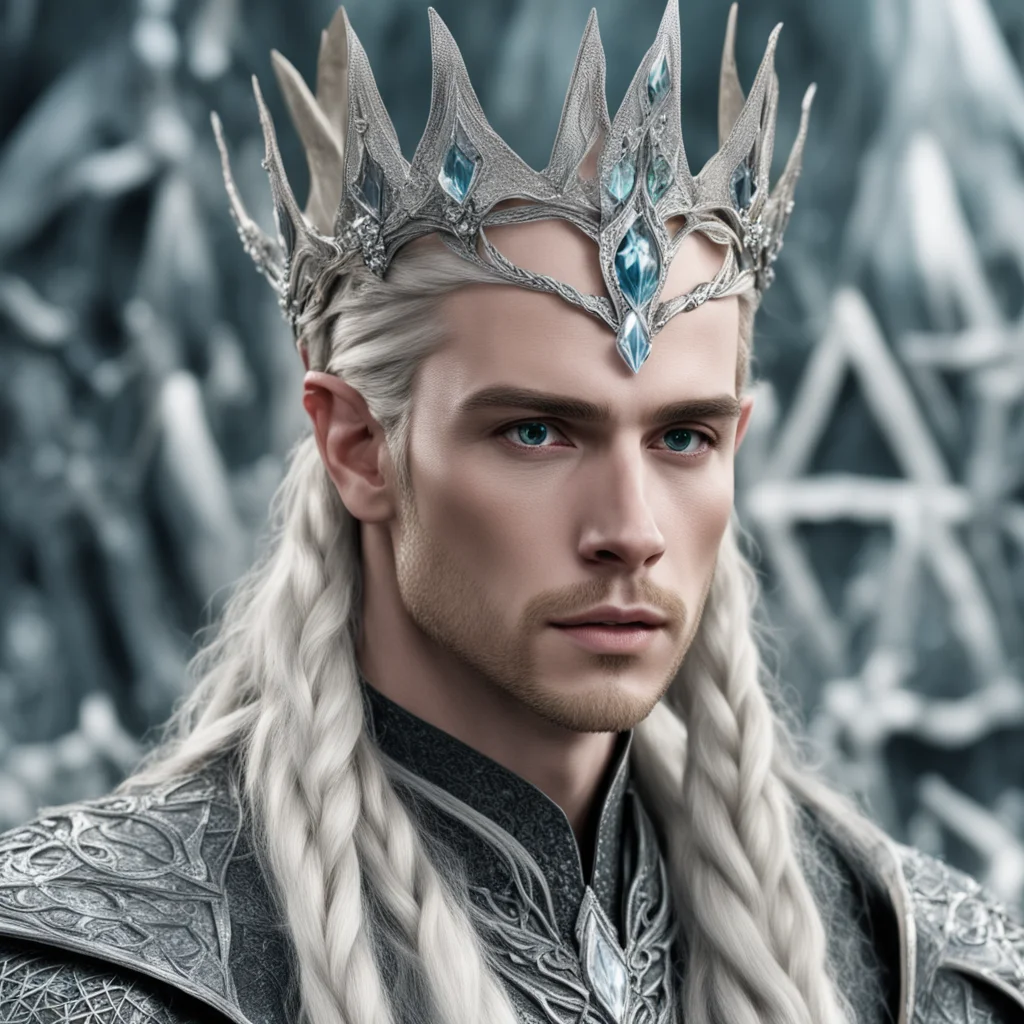 aiking thranduil with blond hair and braids wearing twisted silver serpentine elvish crown encrusted with diamonds and large center diamond good looking trending fantastic 1