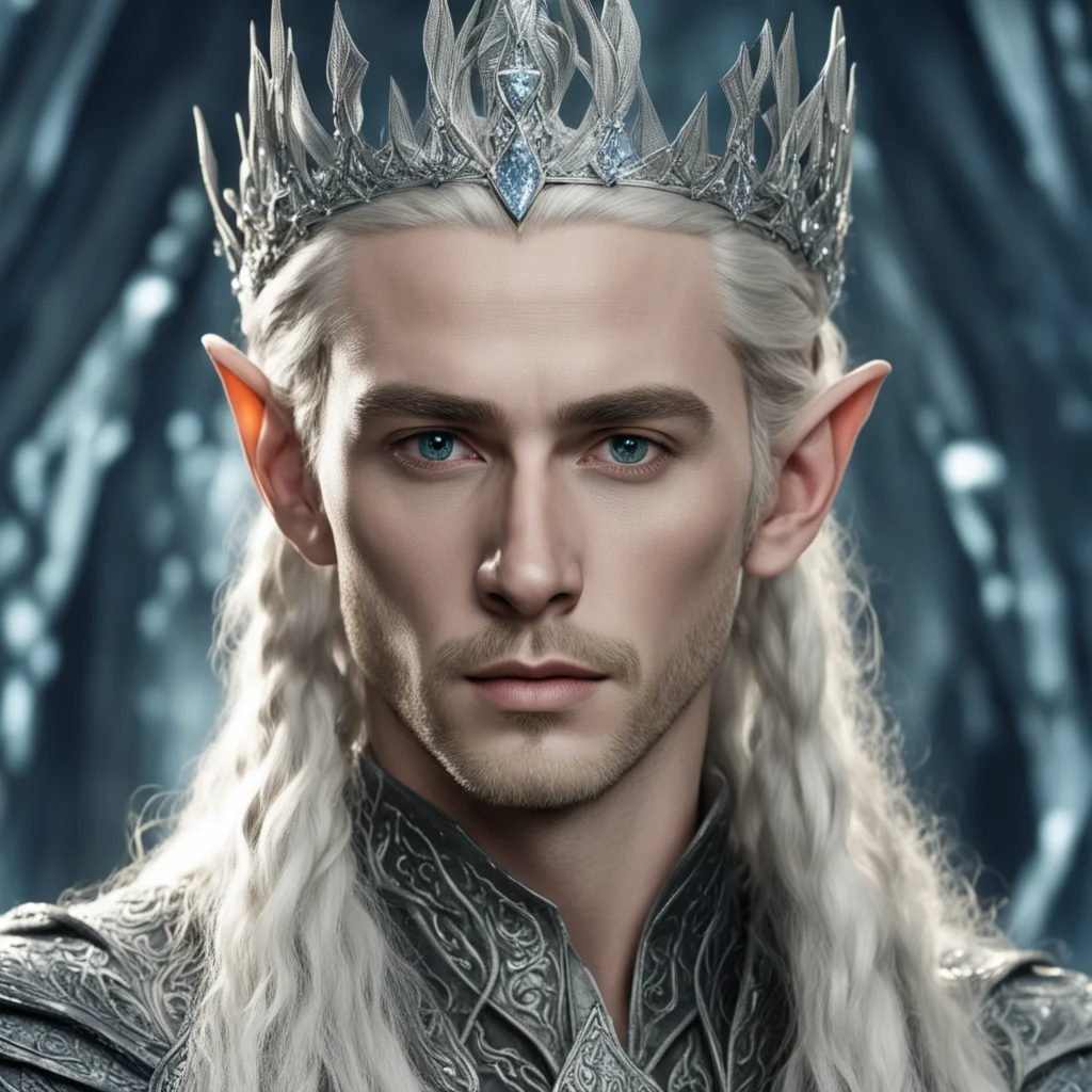 aiking thranduil with blond hair and braids wearing twisted silver serpentine elvish crown encrusted with diamonds and large center diamond