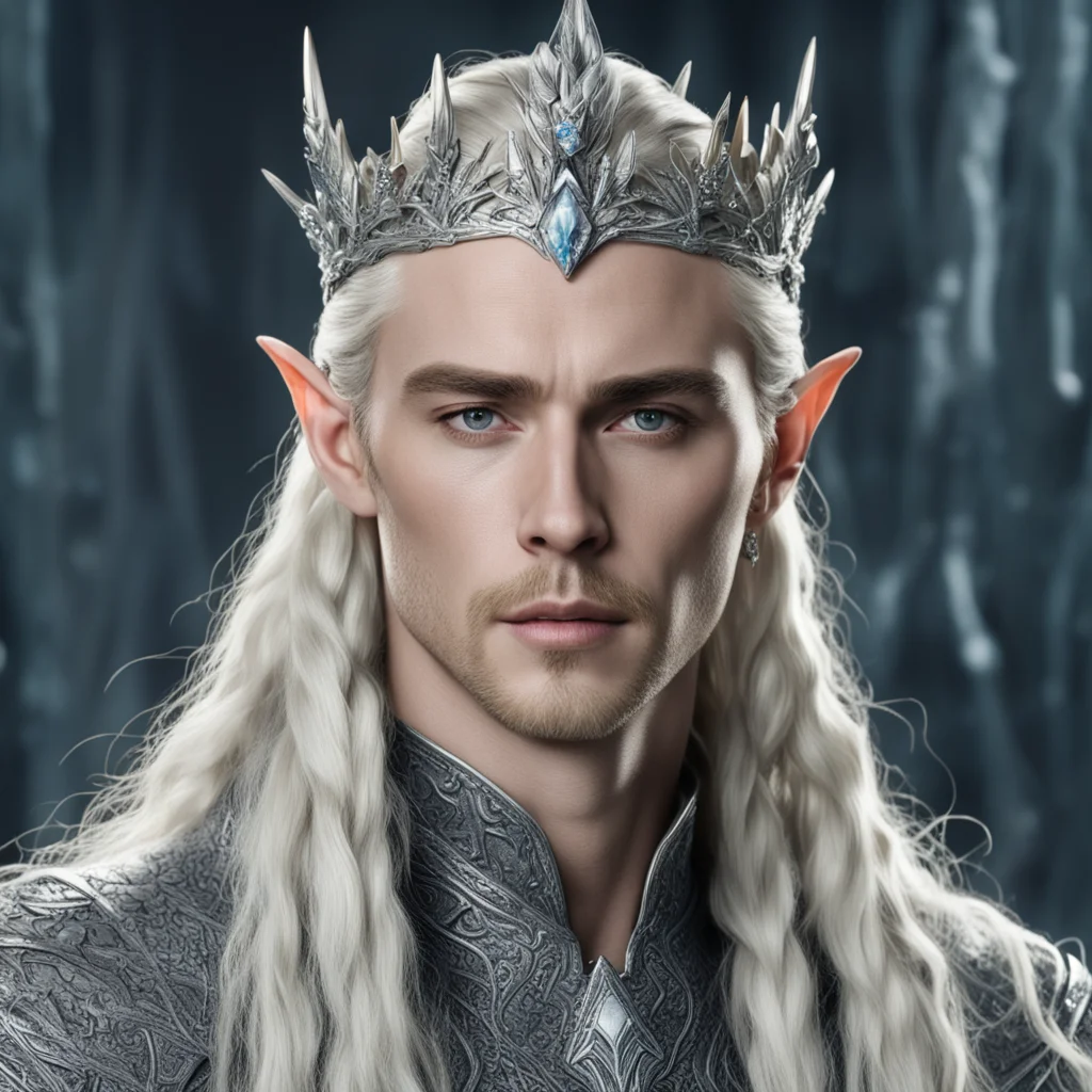 aiking thranduil with blond hair and braids wearing twisted silver serpentine elvish crown encrusted with diamonds with large center diamond amazing awesome portrait 2