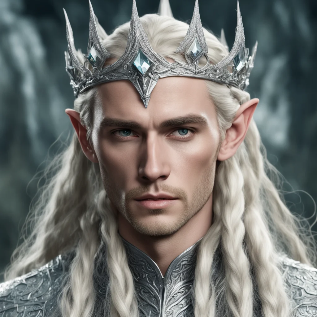 aiking thranduil with blond hair and braids wearing twisted silver serpentine elvish crown encrusted with diamonds with large center diamond confident engaging wow artstation art 3