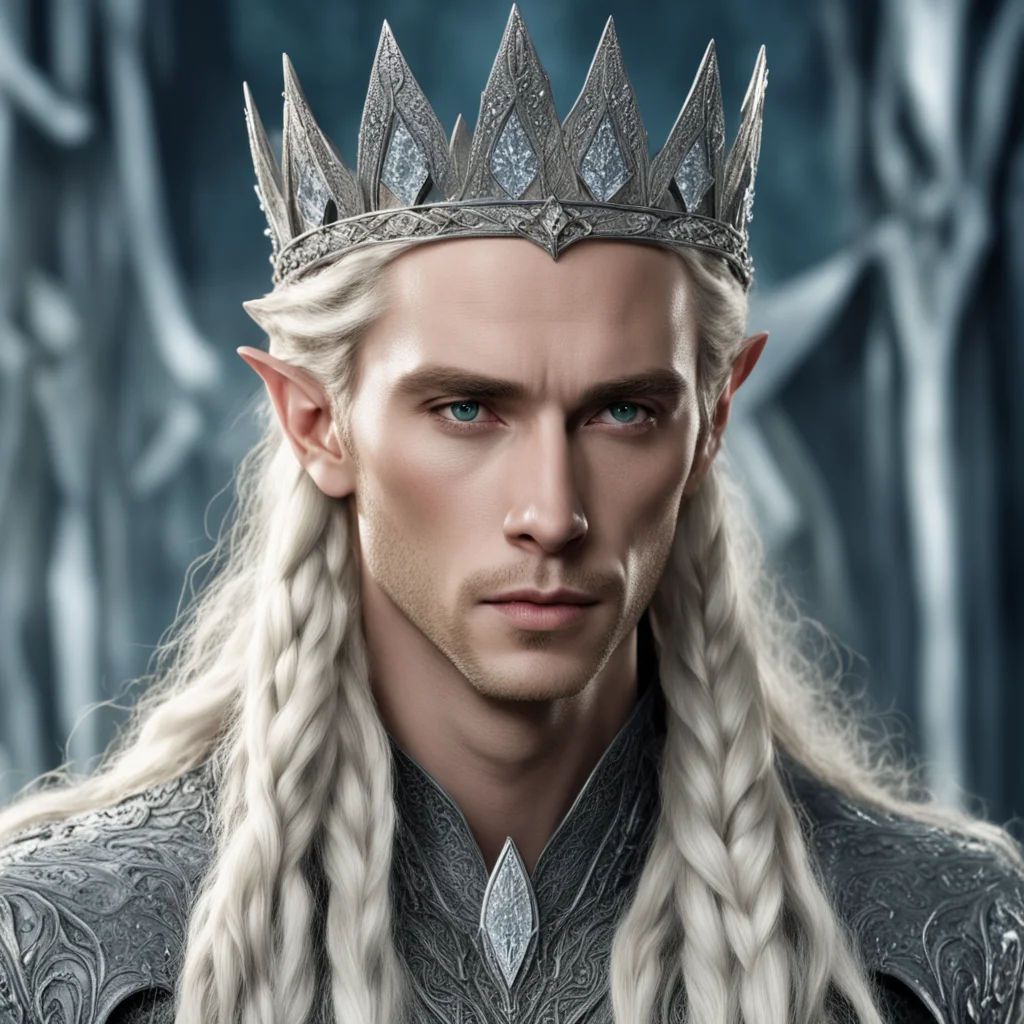 aiking thranduil with blond hair and braids wearing twisted silver serpentine elvish crown encrusted with diamonds with large center diamond good looking trending fantastic 1