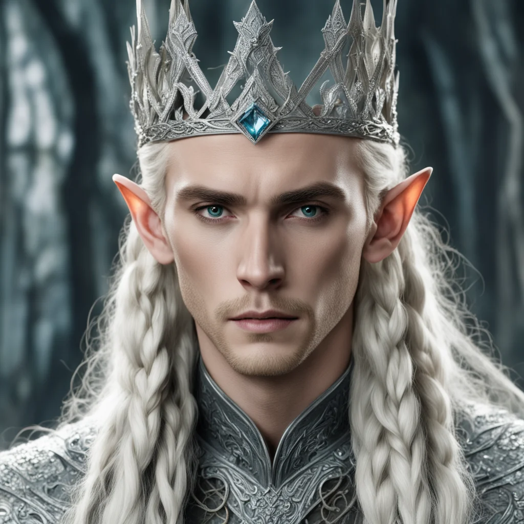 king thranduil with blond hair and braids wearing twisted silver serpentine elvish crown encrusted with diamonds with large center diamond