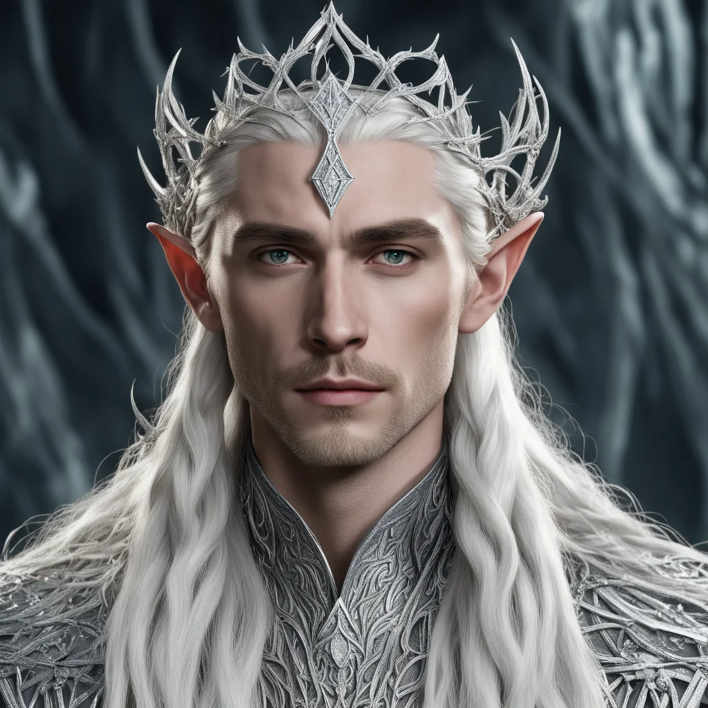 king thranduil with blond hair and braids wearing twisted silver vines encrusted with diamonds to form a silver elvish circlet with large center diamond  amazing awesome portrait 2