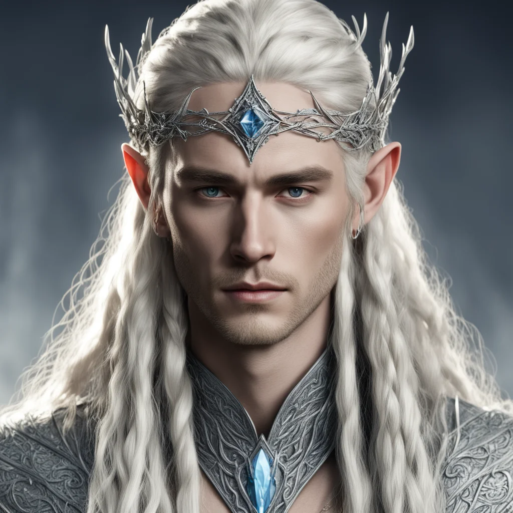 king thranduil with blond hair and braids wearing twisted silver vines encrusted with diamonds to form a silver elvish circlet with large center diamond  good looking trending fantastic 1