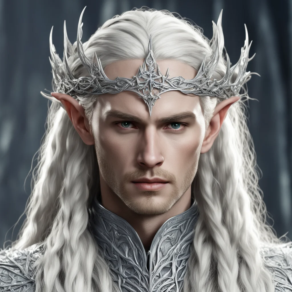 aiking thranduil with blond hair and braids wearing twisted silver vines encrusted with diamonds to form a silver elvish circlet with large center diamond 