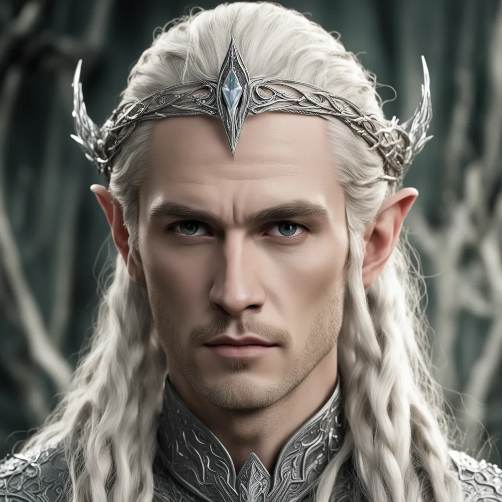 aiking thranduil with blond hair and braids wearing twisted wooden elvish circlet encased in silver and encrusted with diamonds with large center diamond amazing awesome portrait 2