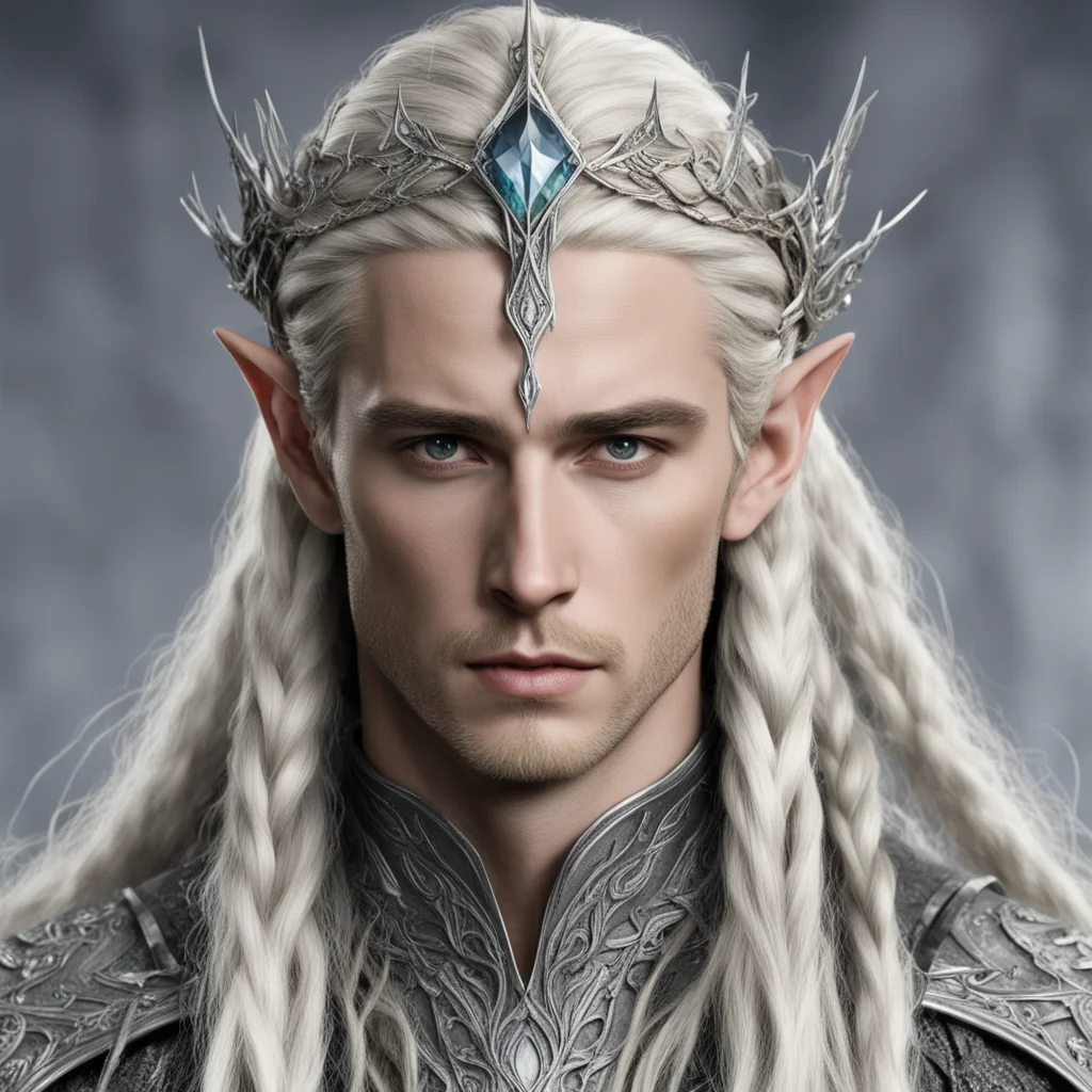 aiking thranduil with blond hair and braids wearing twisted wooden elvish circlet encased in silver and encrusted with diamonds with large center diamond good looking trending fantastic 1