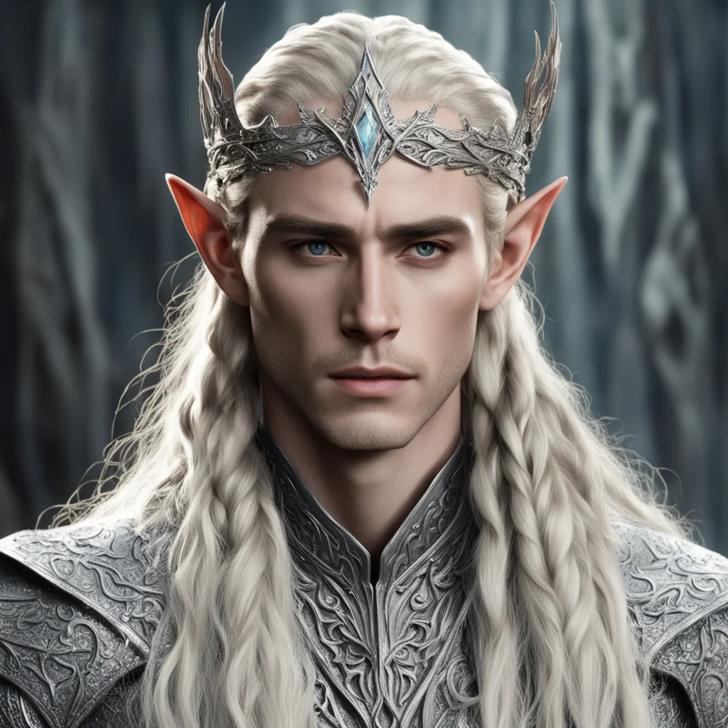 aiking thranduil with blond hair and braids wearing twisted wooden elvish circlet encased in silver and encrusted with diamonds with large center diamond