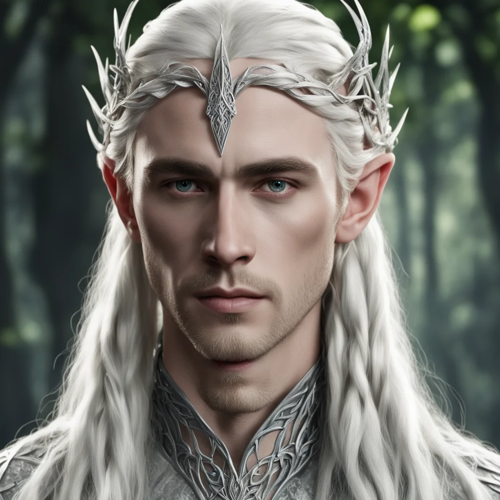 aiking thranduil with blond hair and braids wearing two silver vines intertwined to form a silver elvish circlet with large center diamond amazing awesome portrait 2