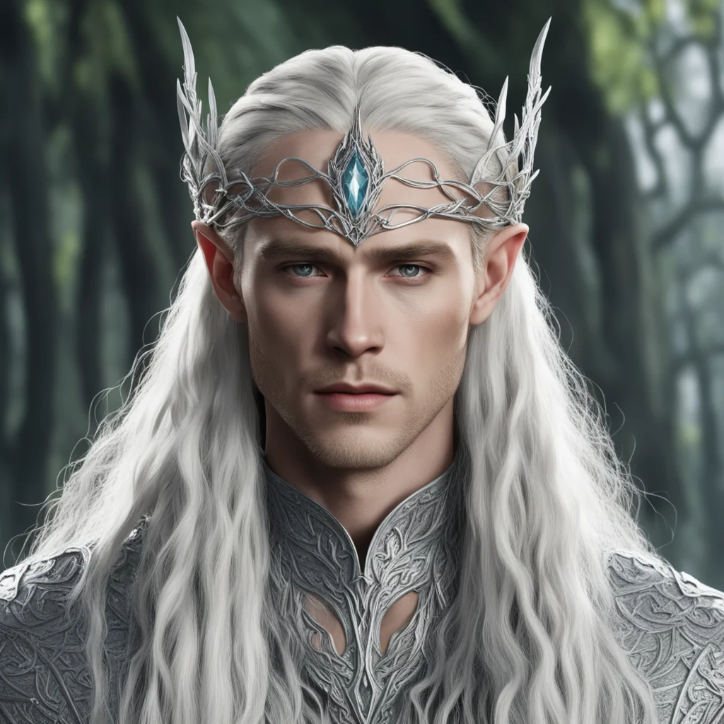 aiking thranduil with blond hair and braids wearing two silver vines intertwined to form a silver elvish circlet with large center diamond confident engaging wow artstation art 3
