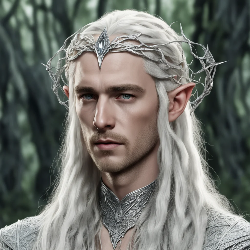 aiking thranduil with blond hair and braids wearing two silver vines intertwined to form a silver elvish circlet with large center diamond good looking trending fantastic 1