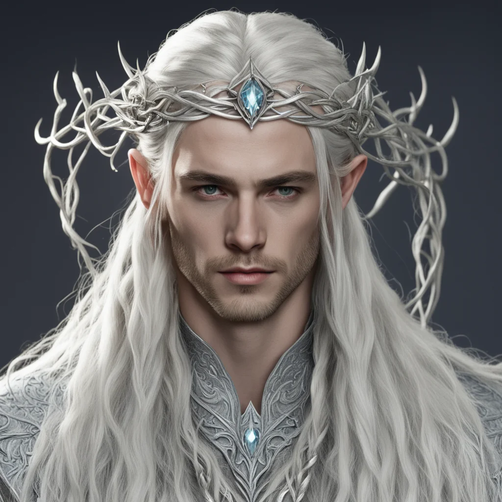 aiking thranduil with blond hair and braids wearing two silver vines intertwined to form a silver elvish circlet with large center diamond