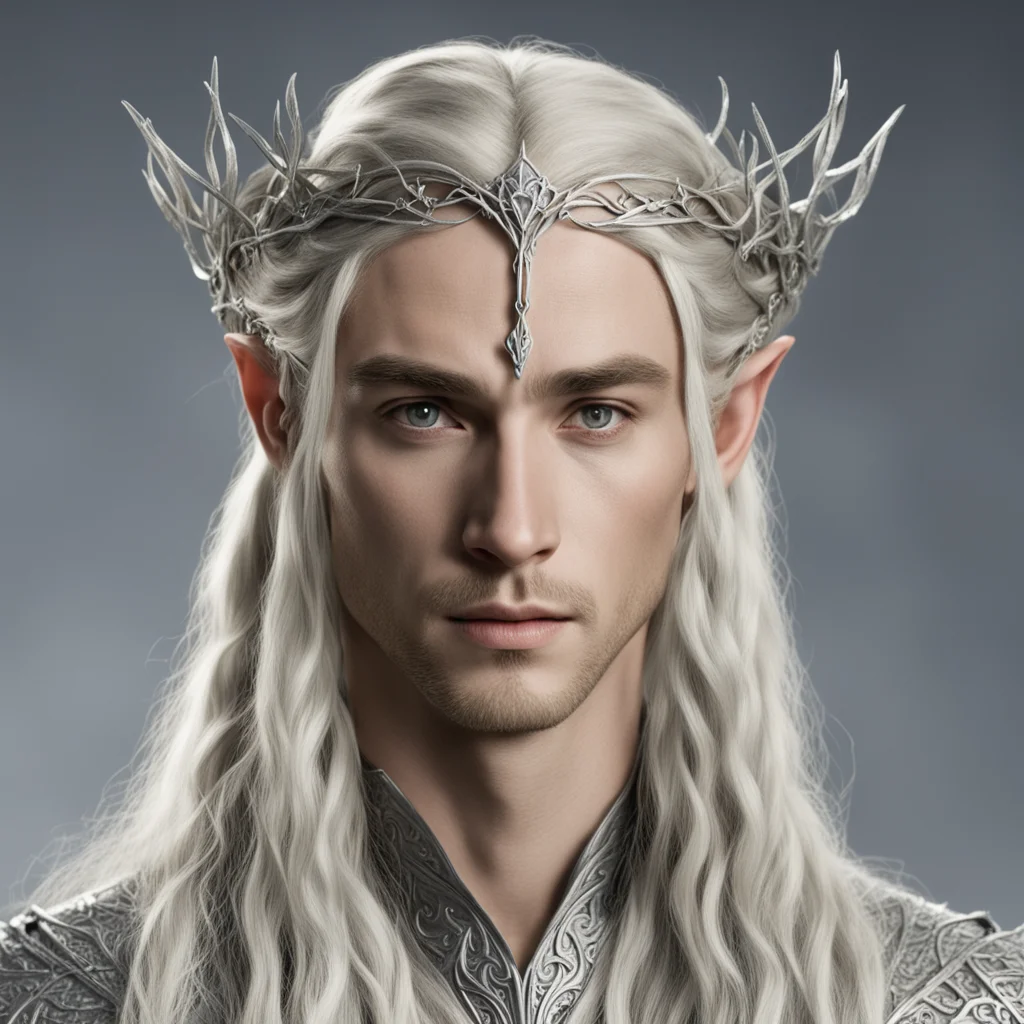 king thranduil with blond hair and braids wearing two silver vines intertwined to form a small thin silver elvish circlet with large center diamond amazing awesome portrait 2