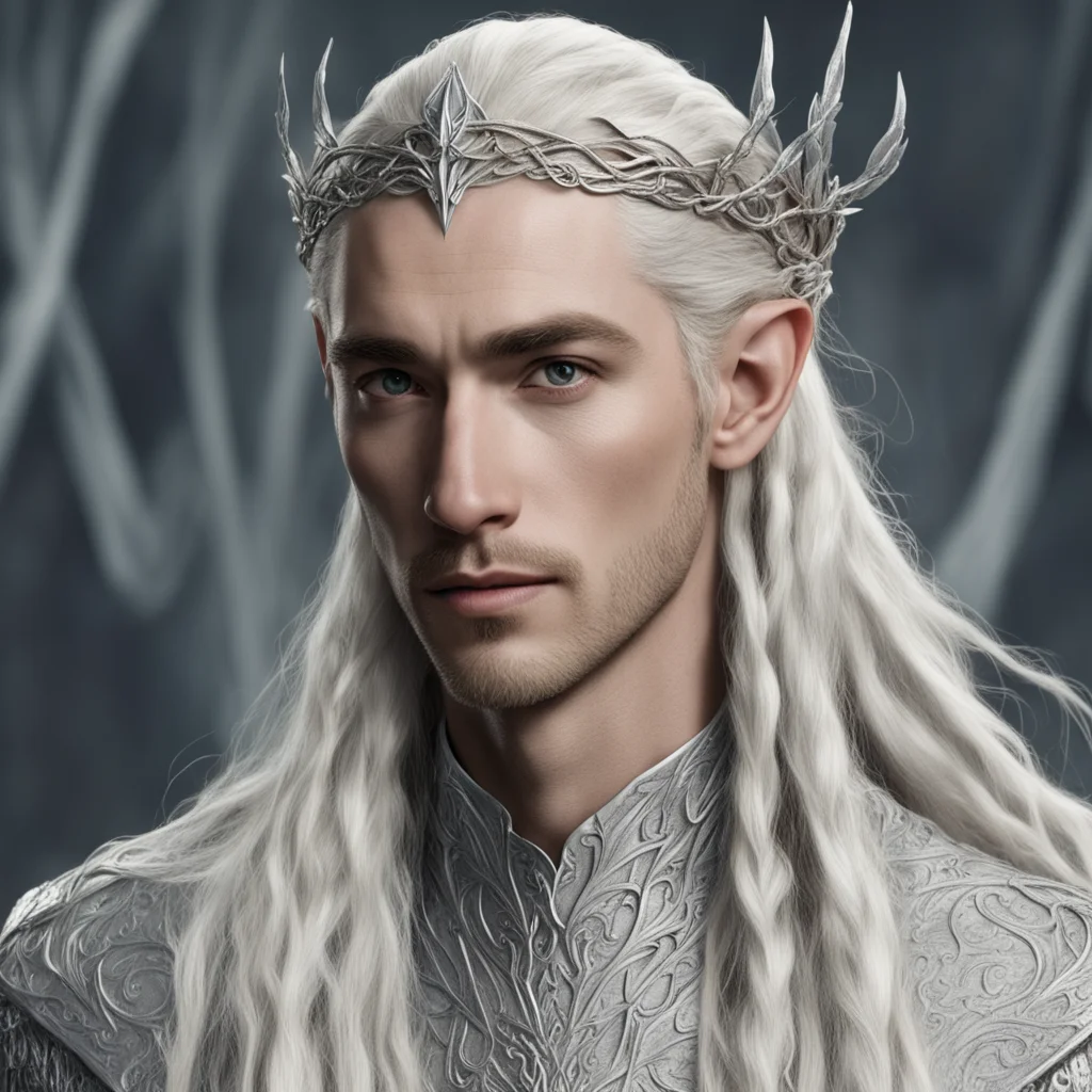 king thranduil with blond hair and braids wearing two silver vines intertwined to form a small thin silver elvish circlet with large center diamond good looking trending fantastic 1